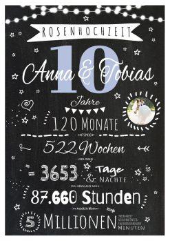 Meilensteintafel Chalkboard Geschenk 10. Hochzeitstag Rosenhochzeit Personalisiert Jubiläum Ehepaar 1zigartig