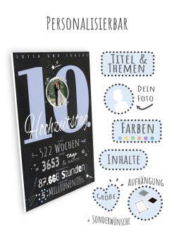 Meilensteintafel Chalkboard Geschenk 10. Hochzeitstag Rosenhochzeit Personalisiert Jubiläum Ehepaar Retro Lovely Blue09