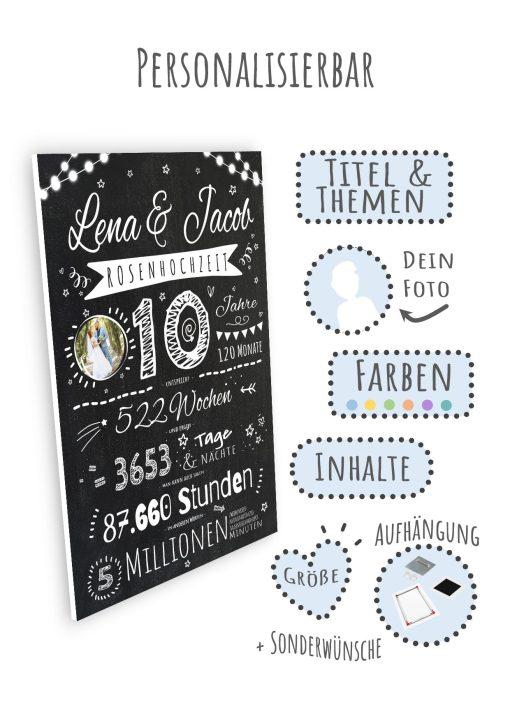 Meilensteintafel Chalkboard Geschenk 10. Hochzeitstag Rosenhochzeit Personalisiert Retro Lights (11)