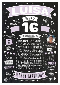 Meilensteintafel Chalkboard Geschenk 16. Geburtstag Personalisiert Geburtstagsposter Teenager Mädchen Junge Retro Classic Lila