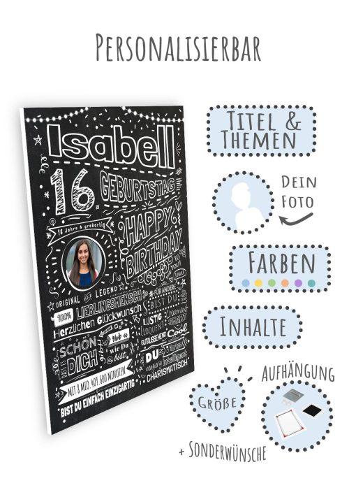 Meilensteintafel Chalkboard Geschenk 16. Geburtstag Personalisiert Kreidetafel Design Teenager Mädchen Junge Pure Chalk08