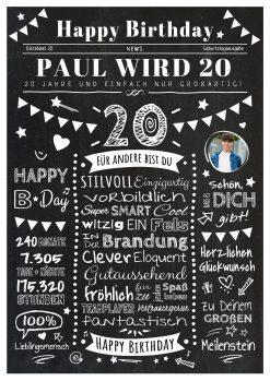 Meilensteintafel Chalkboard Geschenk 20. Geburtstag Zeitung Personalisiert Geburtstagstafel Mann Frau Klassik Chalk