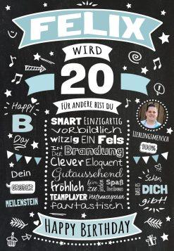 Meilensteintafel Chalkboard Geschenk 20. Geburtstag Personalisiert Geburtstagsposter Frau Mann Retro Classic Blau