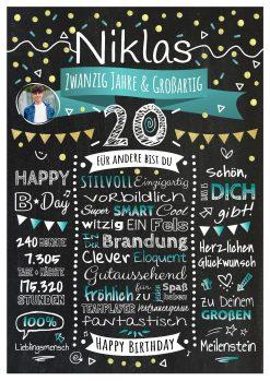 Meilensteintafel Chalkboard Geschenk 20. Geburtstag Personalisiert Geburtstagstafel Klassik Mann Frau Türkis