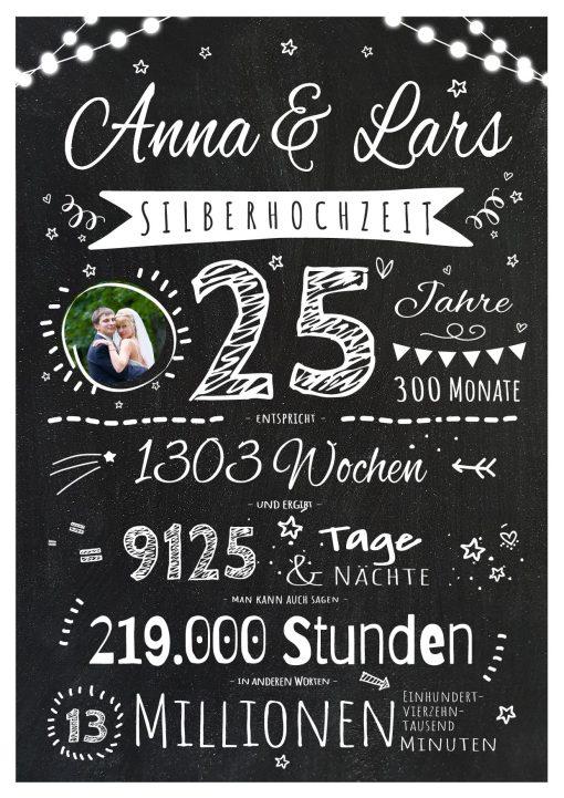 Meilensteintafel Chalkboard Geschenk 25. Hochzeitstag Silberhochzeit Personalisiert Jubiläum Ehepaar Retro Lights 2