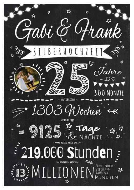 Meilensteintafel Chalkboard Geschenk 25. Hochzeitstag Silberhochzeit Personalisiert Jubiläum Ehepaar Retro Lights