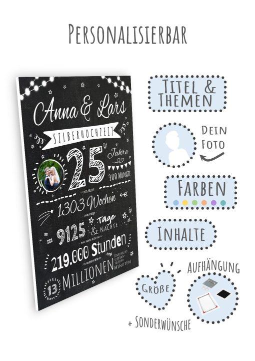 Meilensteintafel Chalkboard Geschenk 25. Hochzeitstag Silberhochzeit Personalisiert Jubiläum Ehepaar Retro Lights09