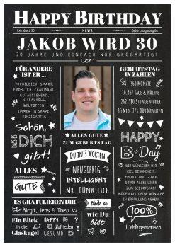 Meilensteintafel Chalkboard Geschenk 30. Geburtstag Zeitung Geburtstagsposter Jahrgangsposter Personalisiert Frau Mann Happy Birthday 1