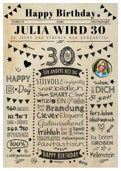 Meilensteintafel Chalkboard Geschenk 30. Geburtstag Zeitung Personalisiert Geburtstagstafel Mann Frau Klassik Hell