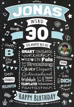 Meilensteintafel Chalkboard Geschenk 30. Geburtstag Personalisiert Geburtstagsposter Frau Mann Retro Classic Blau