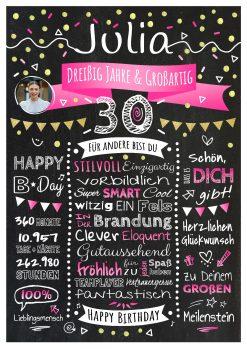 Meilensteintafel Chalkboard Geschenk 30. Geburtstag Personalisiert Geburtstagstafel Klassik Mann Frau Rosa