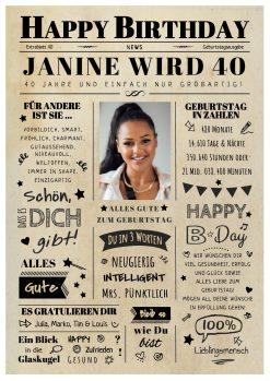 Meilensteintafel Chalkboard Geschenk 40. Geburtstag Zeitung Geburtstagsposter Jahrgangsposter Personalisiert Frau Mann Happy Birthday 1