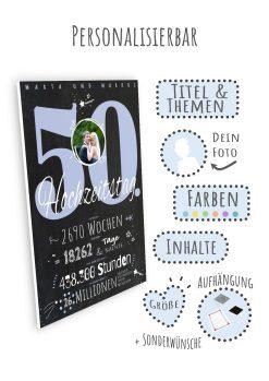 Meilensteintafel Chalkboard Geschenk 50. Hochzeitstag Goldene Hochzeit Personalisiert Jubiläum Ehepaar Retro Lovely Blue09