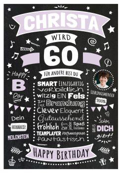 Meilensteintafel Chalkboard Geschenk 60. Geburtstag Personalisiert Geburtstagsposter Frau Mann Retro Classic Lila