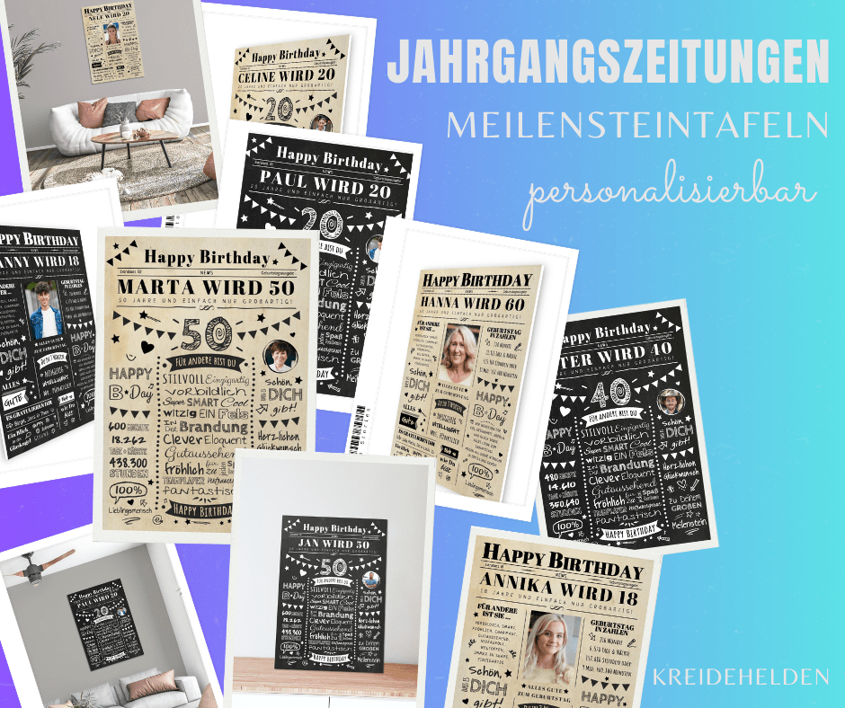 Chalkboard Meilensteintafel Jahrgangszeitung Personalisiert Geburtstagszeitung Mann Frau