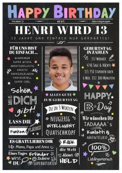 Meilensteintafel Chalkboard Geschenk 13. Geburtstag Zeitung Geburtstagsposter Personalisiert Mädchen Junge Happy News Chalk