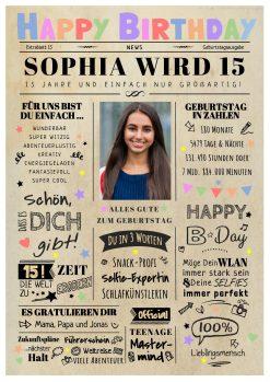 Meilensteintafel Chalkboard Geschenk 15. Geburtstag Zeitung Geburtstagsposter Personalisiert Teenager Mädchen Junge Happy News