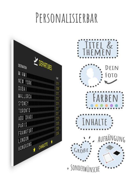 Geschenk Piloten Flughafen Abflugtafel Departure Board Reise Erinnerung Weltenbummler Personalisiert Aviation Luftfahrt Meilensteintafel Vielflieger 53