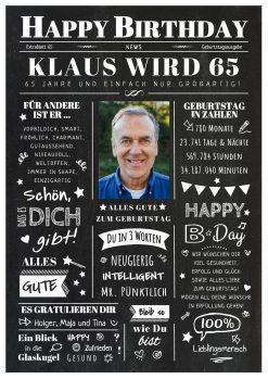 Meilensteintafel Chalkboard Geschenk 65. Geburtstag Zeitung Geburtstagsposter Jahrgangsposter Personalisiert Frau Mann Happy Birthday 1